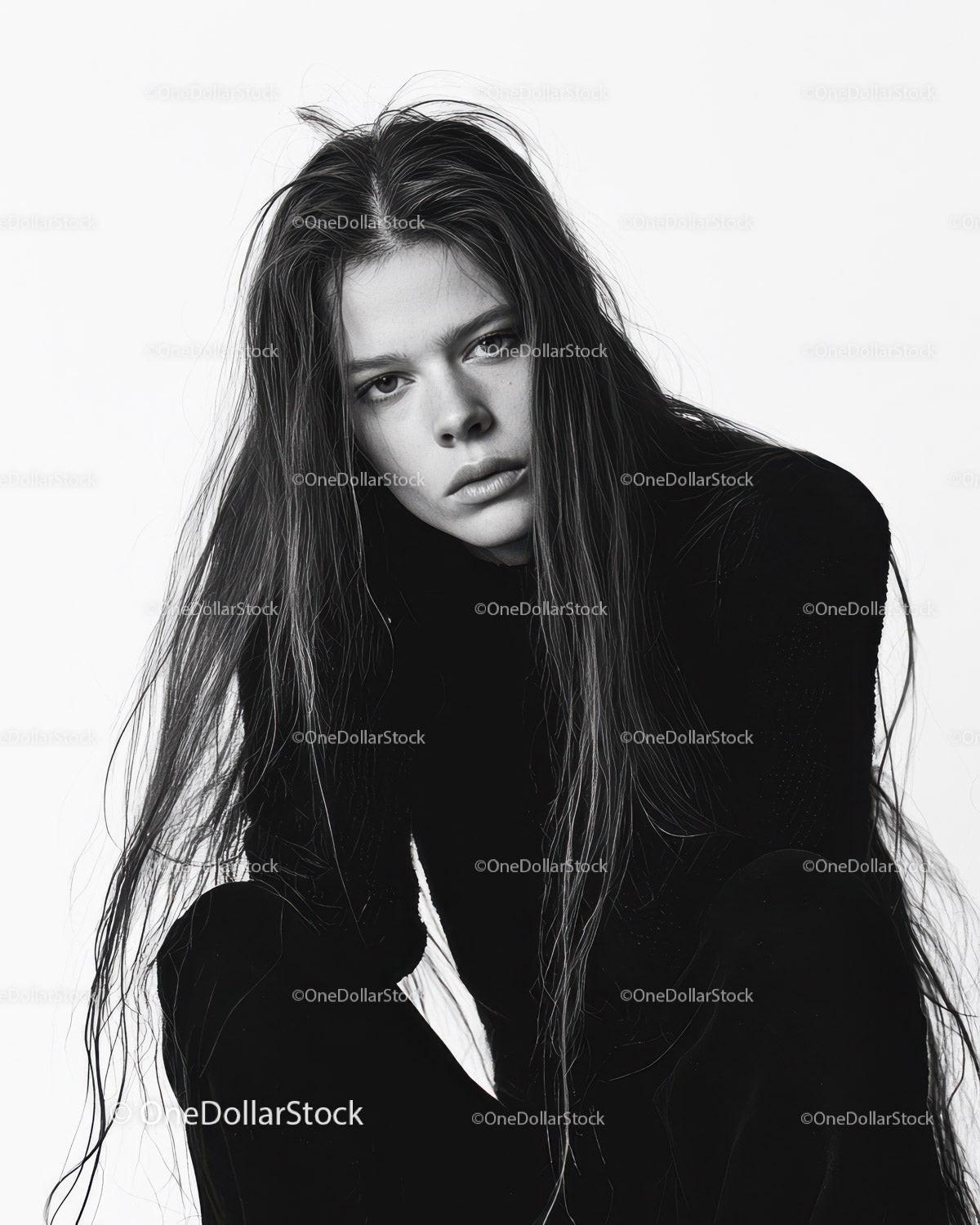 Expressive Black and White Portrait of Young Woman with Long Hair