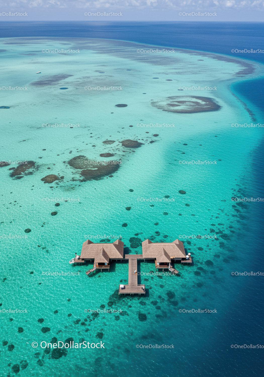 Overwater Bungalows Over Clear Turquoise Ocean with Coral Reefs