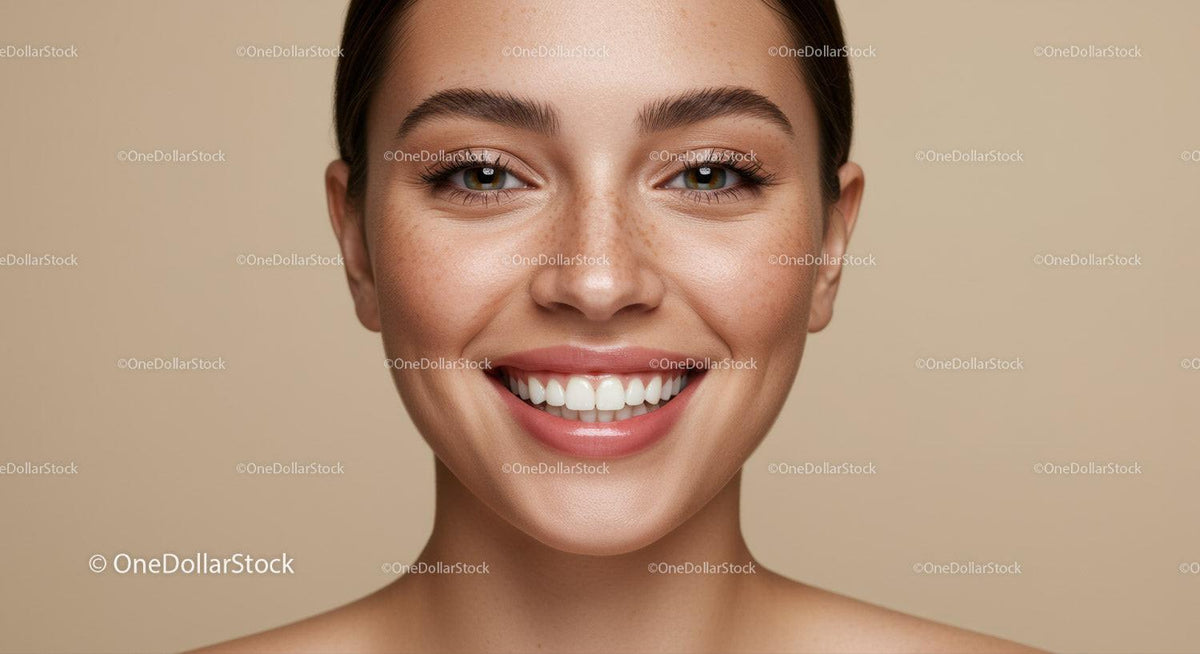 Close up of smiling woman with natural freckles and clear skin