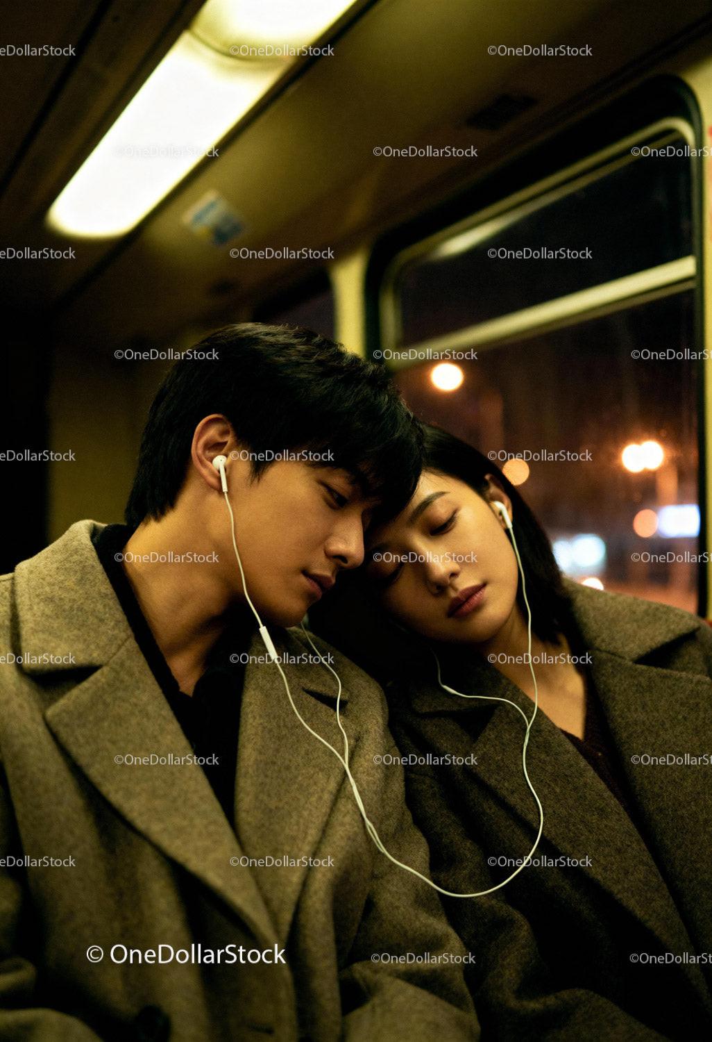 Young Couple Sharing Earphones on Night Bus Ride