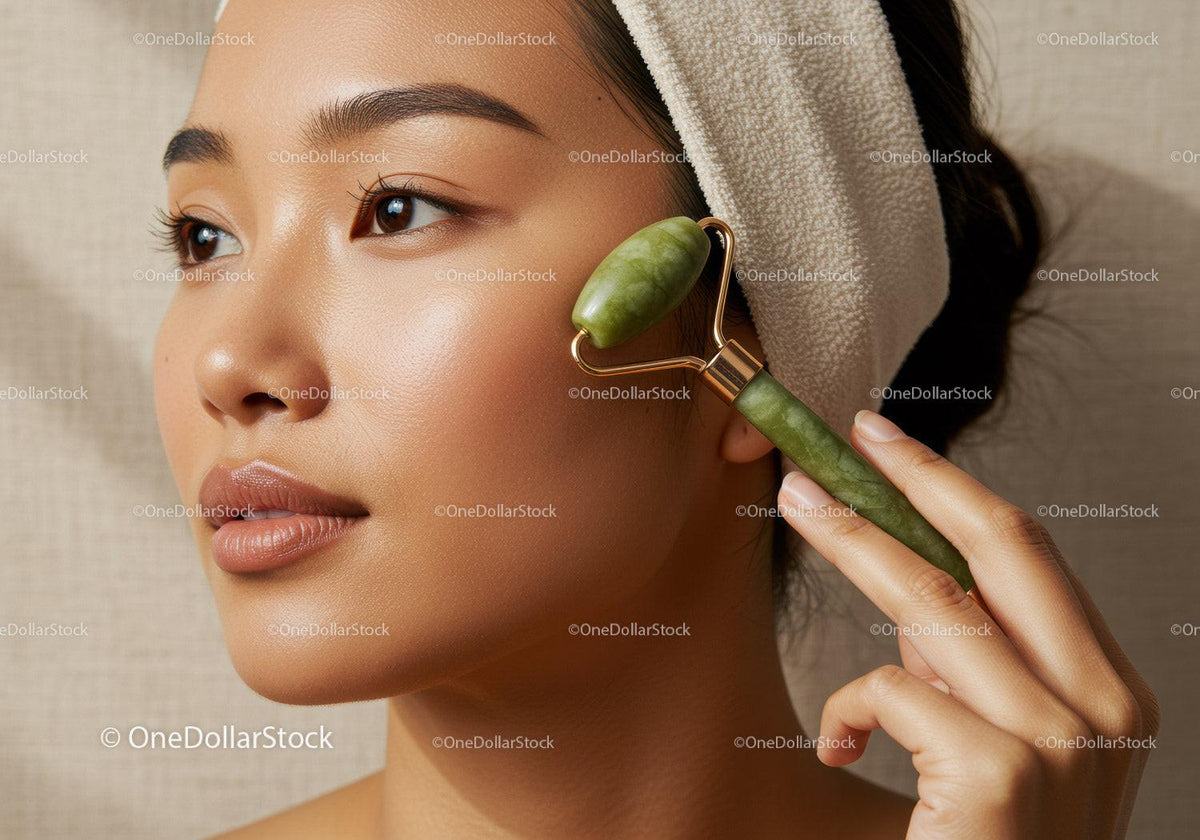 Young Asian Woman Using Jade Roller for Glowing Skin and Facial Rejuvenation