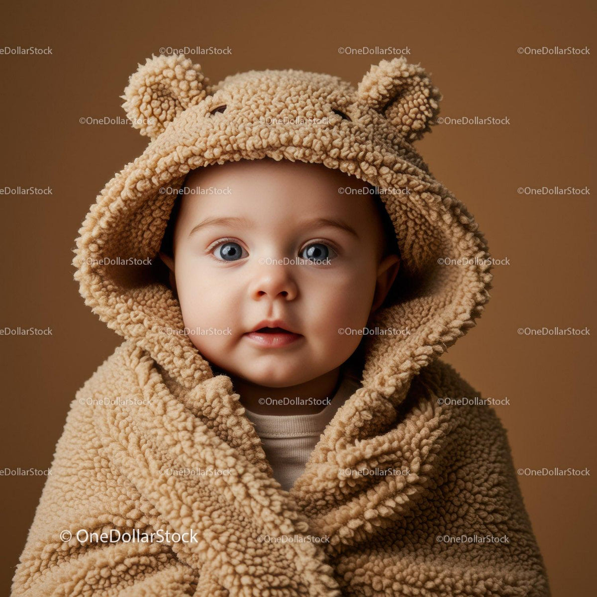 Baby wrapped in cozy teddy bear hooded blanket