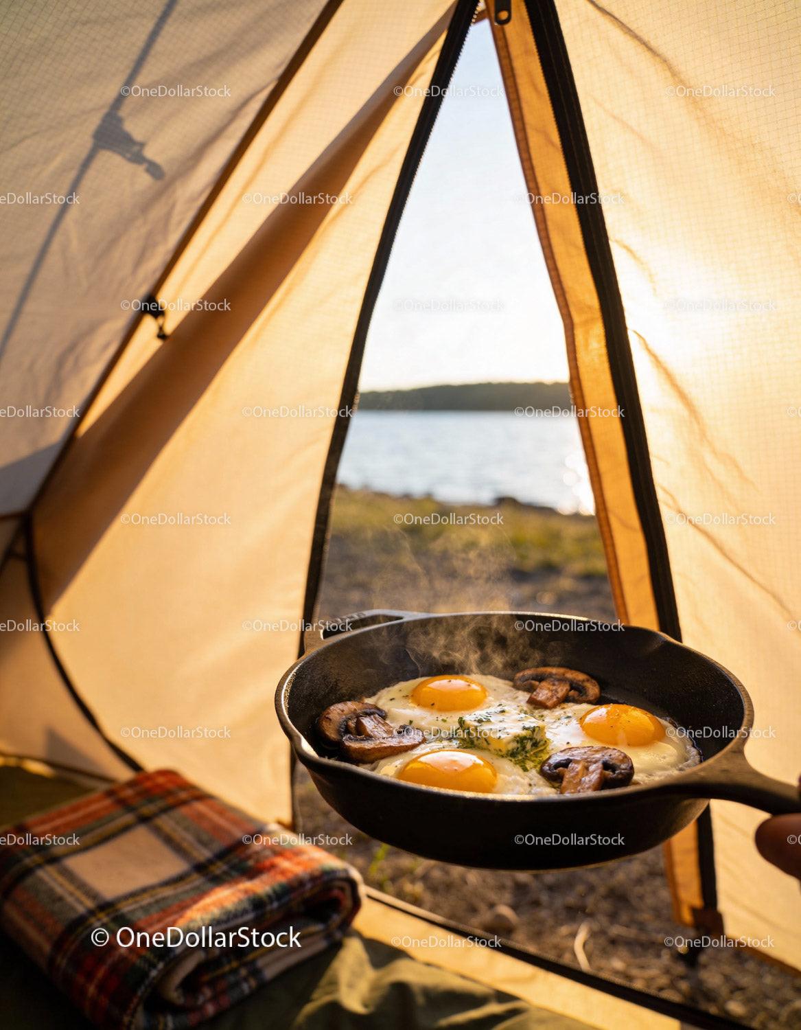 Frying eggs and mushrooms inside a camping tent