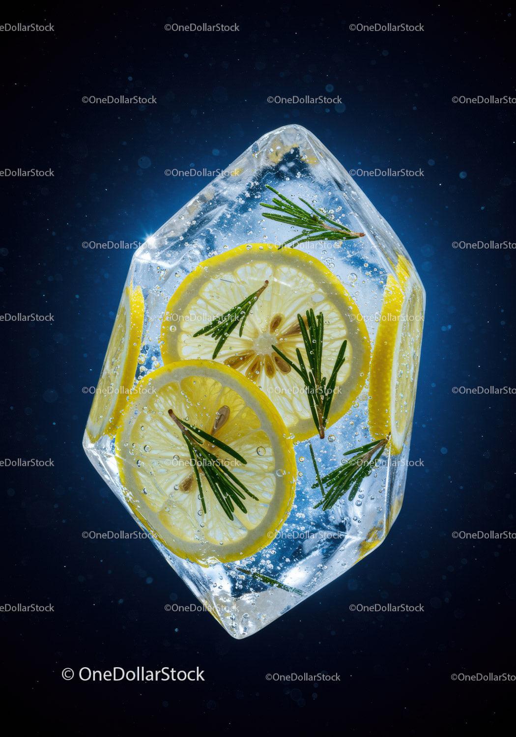Refreshing Ice Cube with Lemon Slices and Rosemary