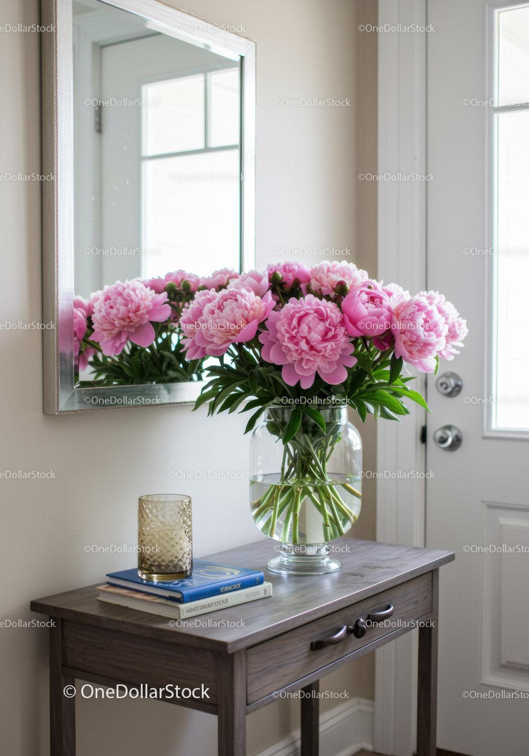 Pink Peony Bouquet in Glass Vase on Wooden Table in Interior
