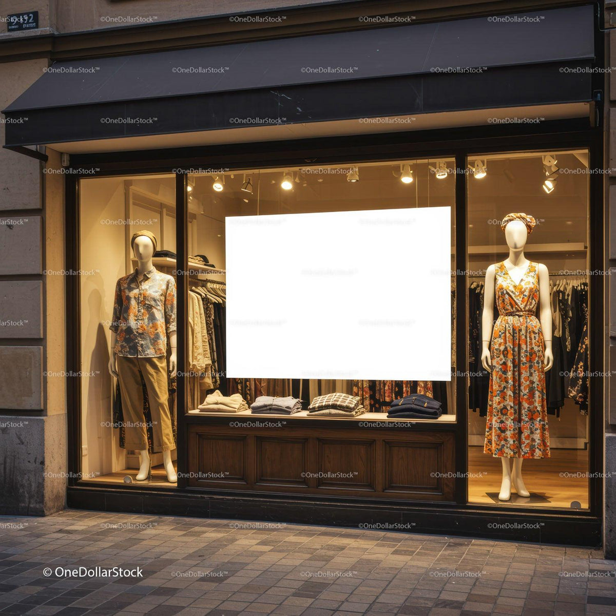 Fashion boutique window with mannequins dressed in autumn styles JPG Mockup Image preview