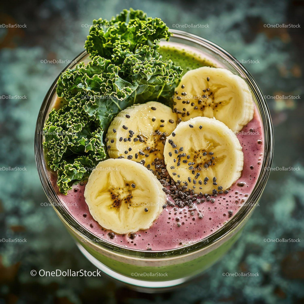 Colorful Berry and Banana Smoothie with Kale and Seeds