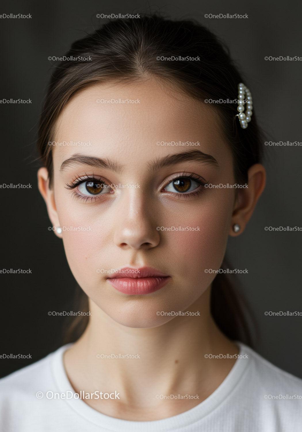 Portrait of a Young Woman with Brown Eyes and Pearl Hair Clip