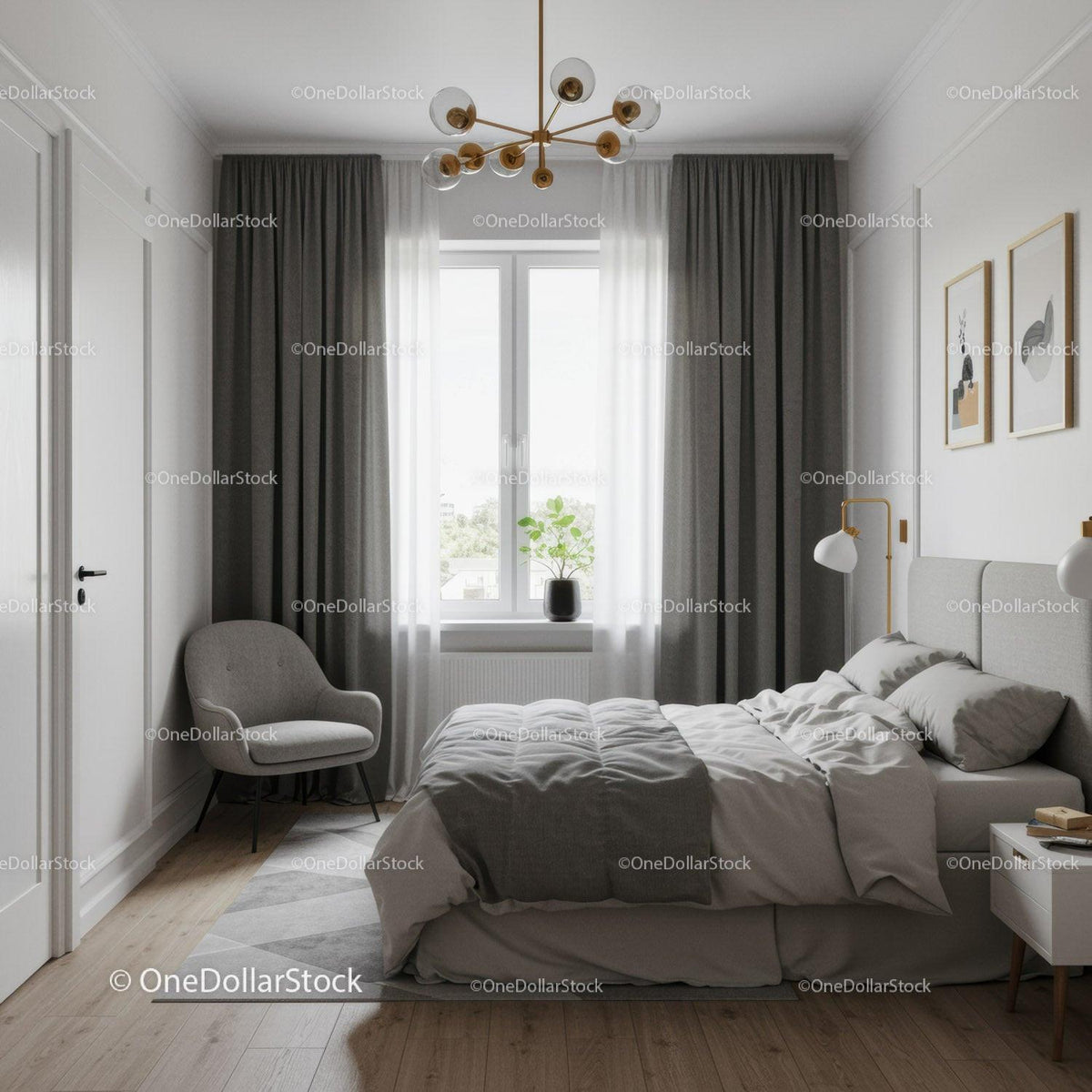 Elegant Modern Bedroom with Gray Curtains and Cozy Bed
