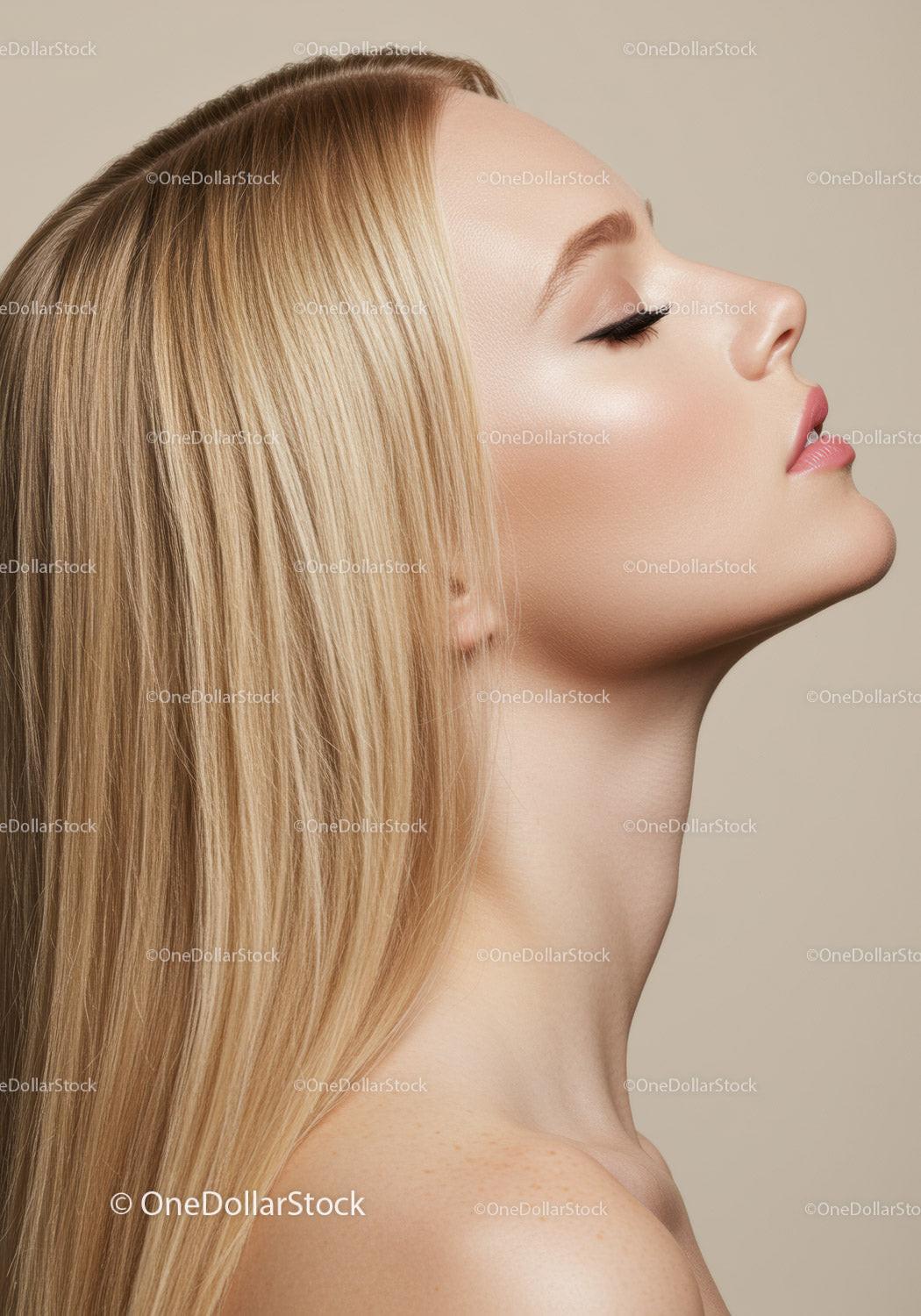 Profile of serene woman with flawless skin and long hair