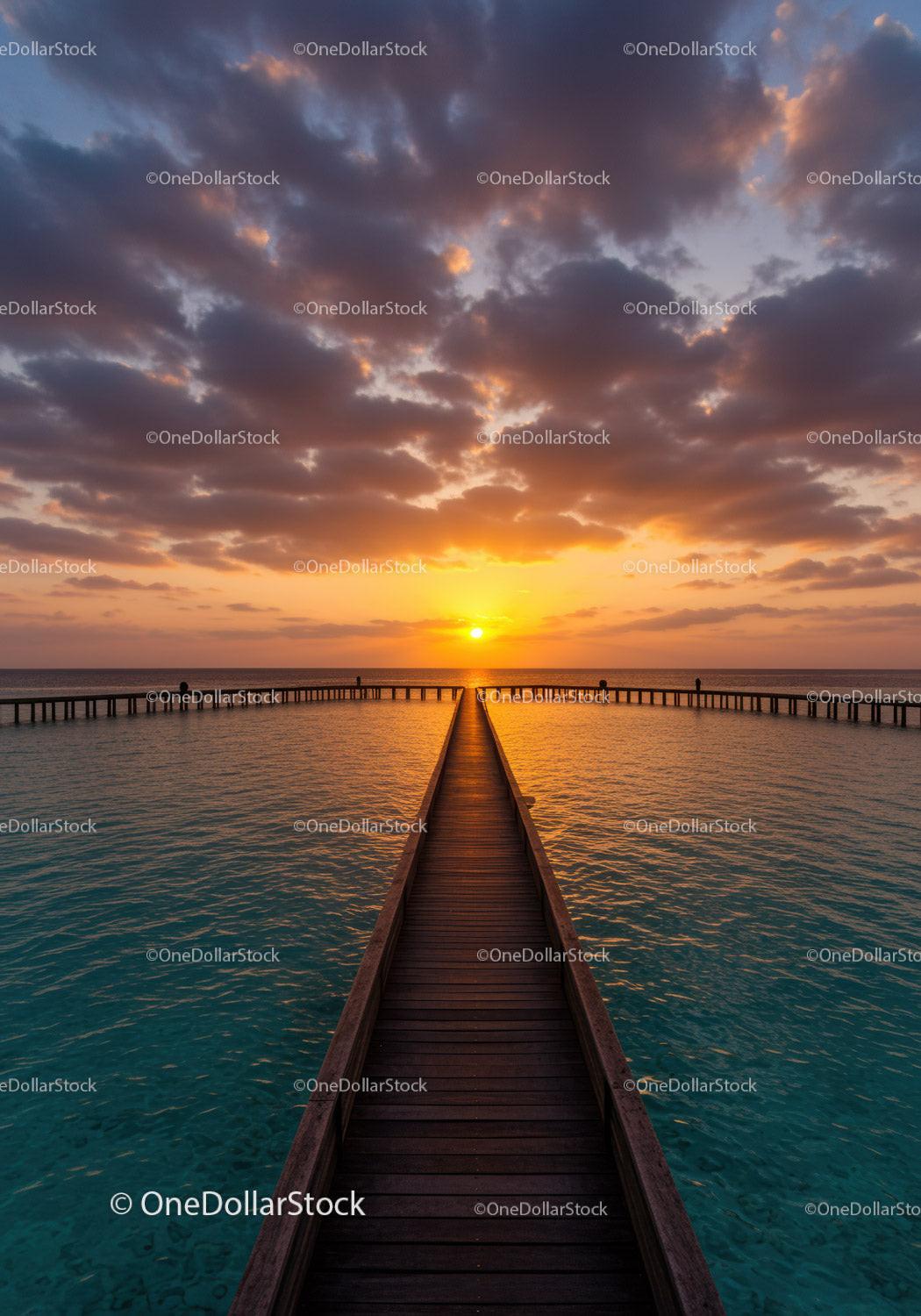Sunset Over Ocean Pier with Wooden Walkway and Dramatic Clouds