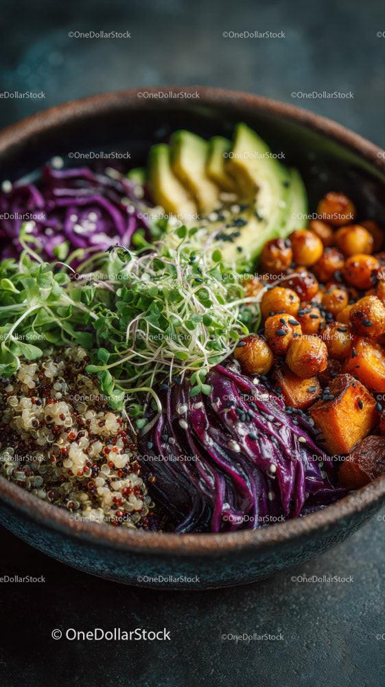 Colorful Quinoa Salad with Avocado Roasted Chickpeas and Microgreens Stock Photo Bundle preview 6