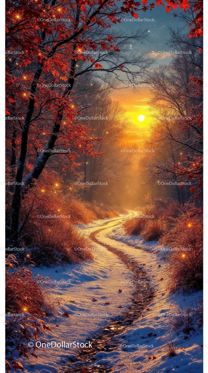 Sunset path through snowy autumn forest with glowing leaves