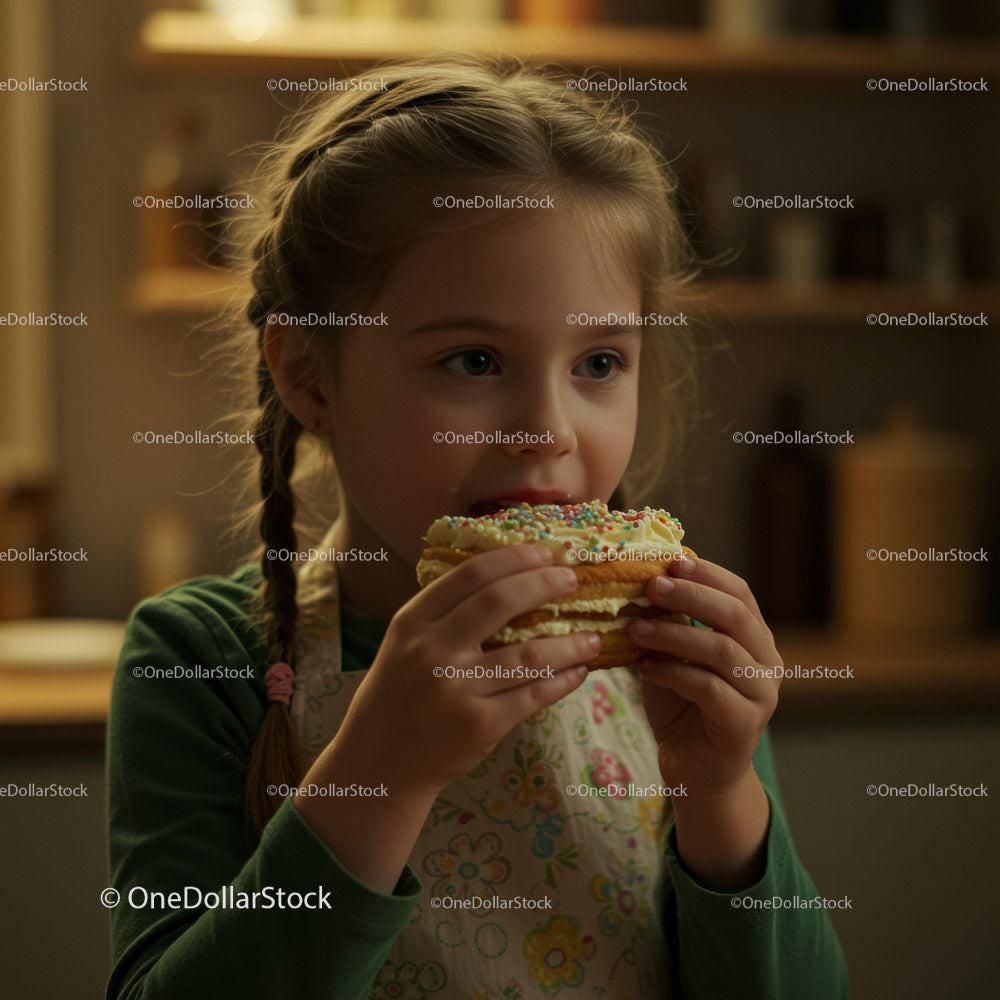 Girl Eating a Colorful Donut in a Cozy Kitchen Stock Photo Bundle preview 13