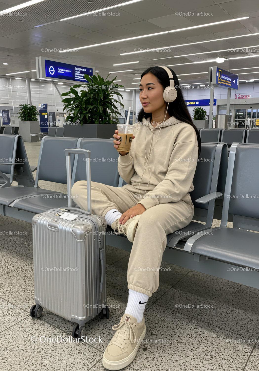 Young Woman Sitting at Airport Terminal with Coffee and Headphones