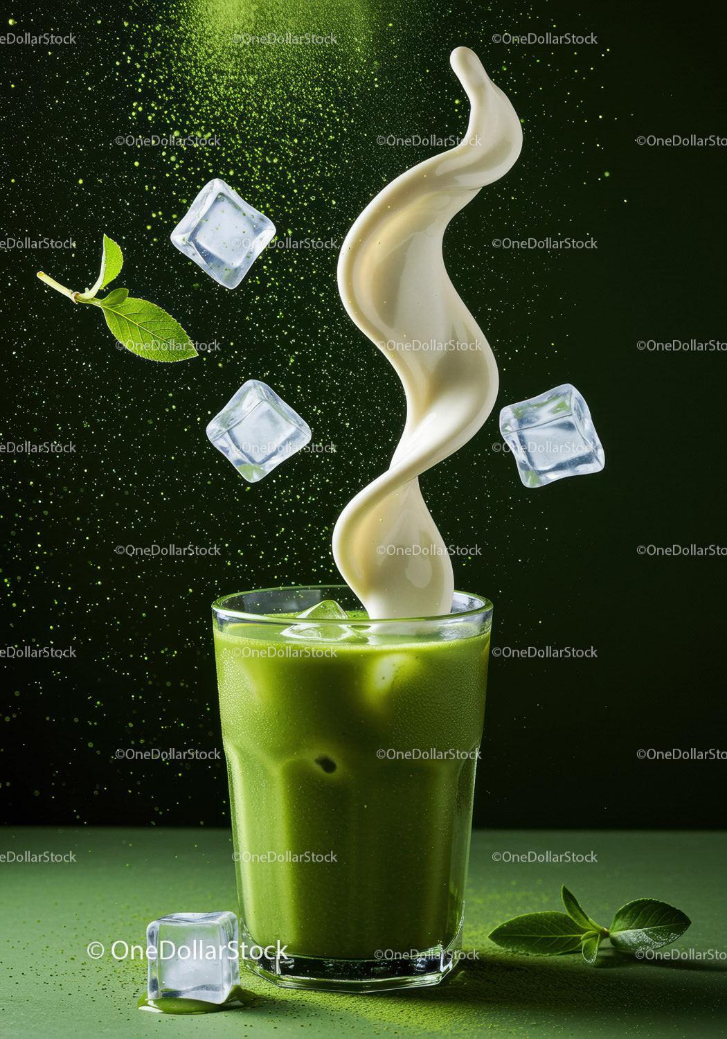 Iced matcha latte with cream splash and mint leaves