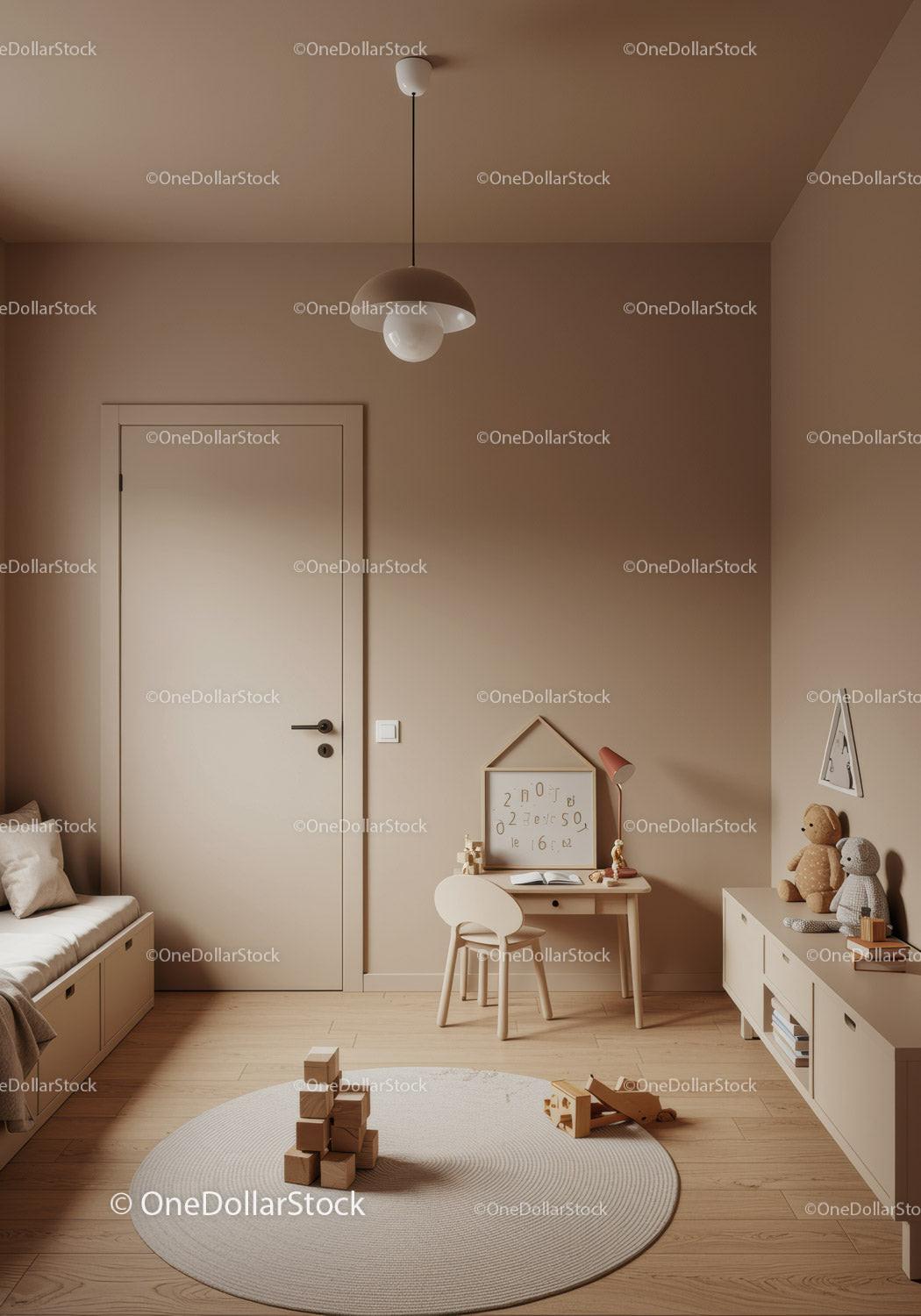 Cozy Modern Nursery with Wooden Toys and Plush Teddies