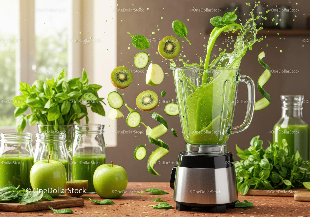 Fresh green smoothie ingredients blending in kitchen blender