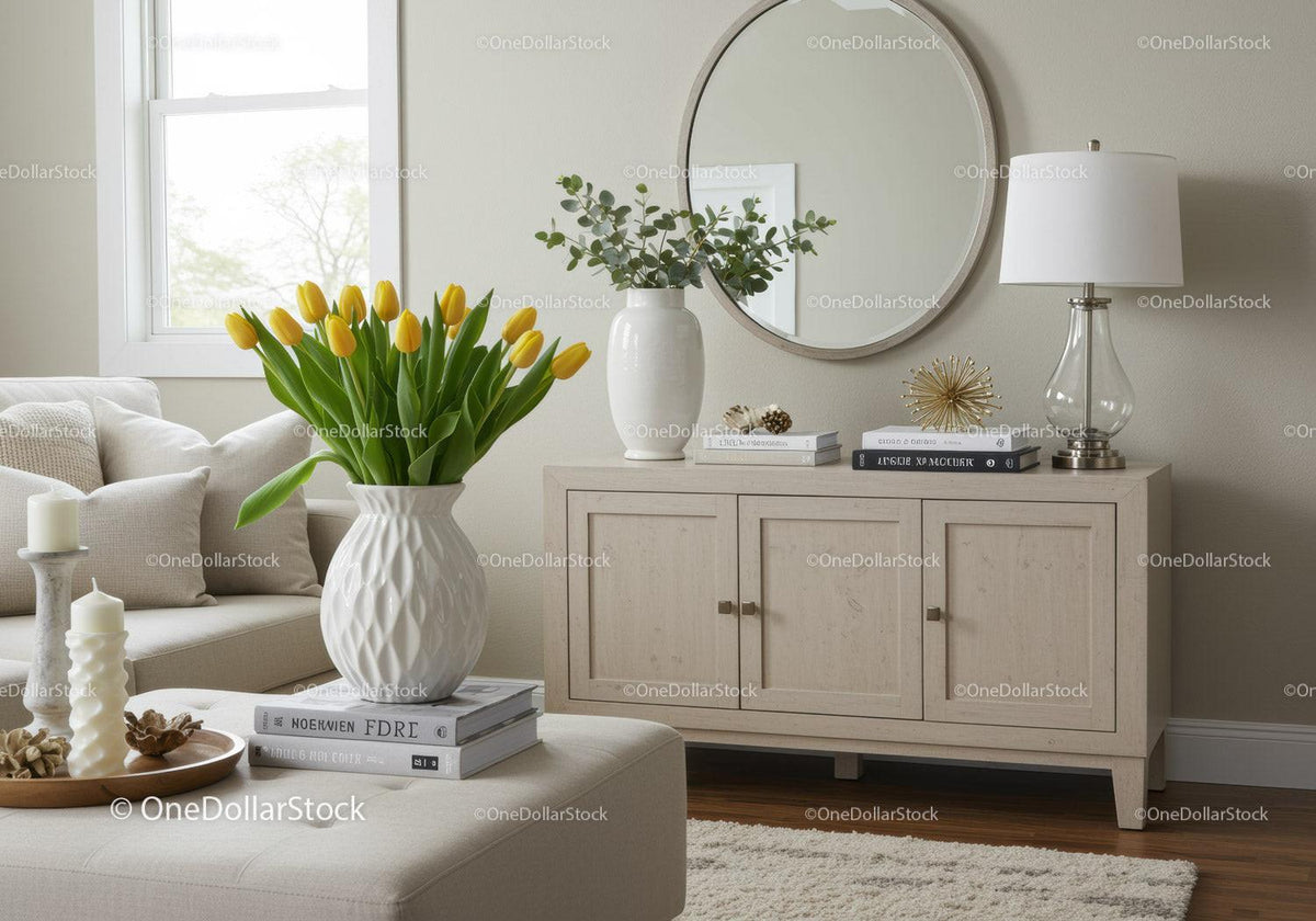 Elegant Modern Living Room with Yellow Tulips and Minimalist Decor