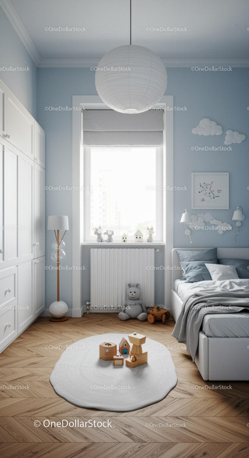 Bright Kids Bedroom with Cloud Wall Art and Wooden Toys