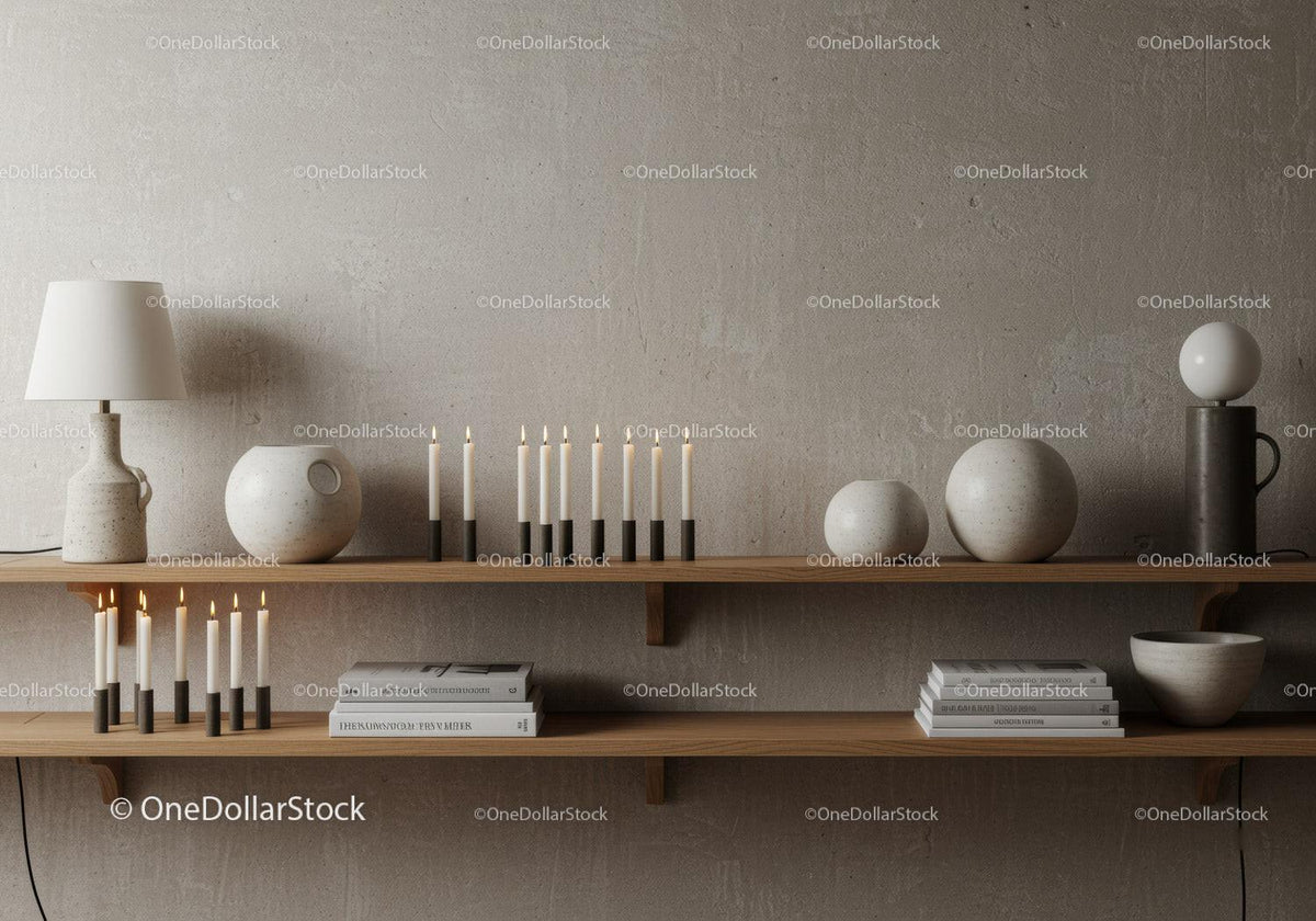 Minimalist candles and decor on rustic wooden shelves