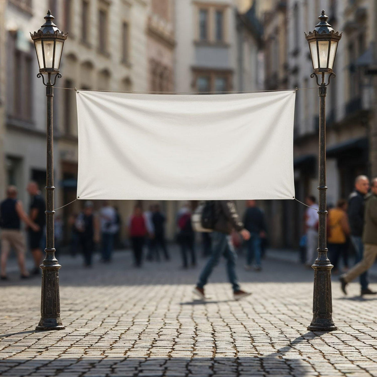 Blank white banner hanging between vintage street lamps JPG Mockup Image preview