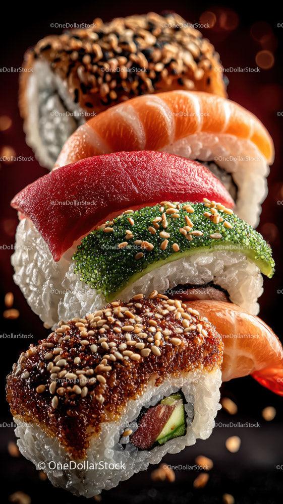 Colorful Sushi Platter with Salmon Tuna Eel and Vegetables Stock Photo Bundle preview 25