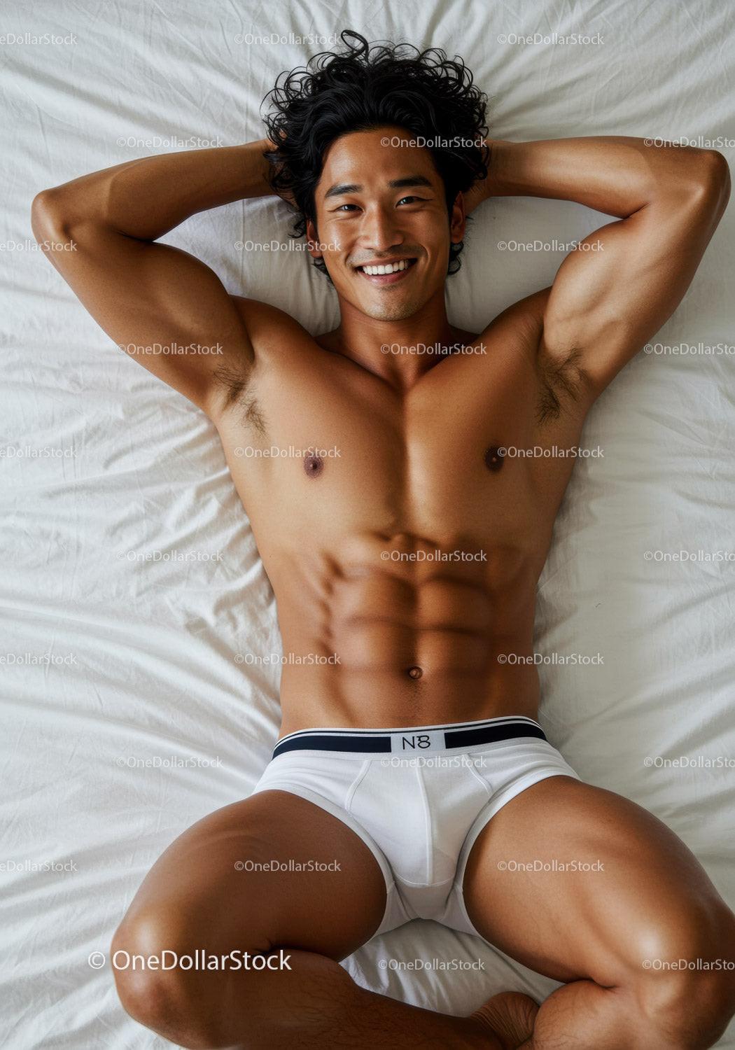 Relaxed young man lying in white underwear on bed