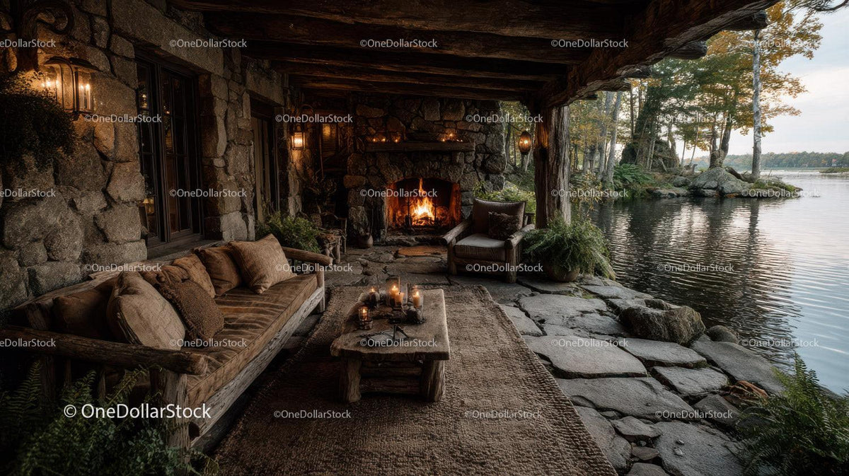 Rustic Riverside Cabin with Stone Fireplace Surrounded by Autumn Foliage Stock Photo Bundle preview 30