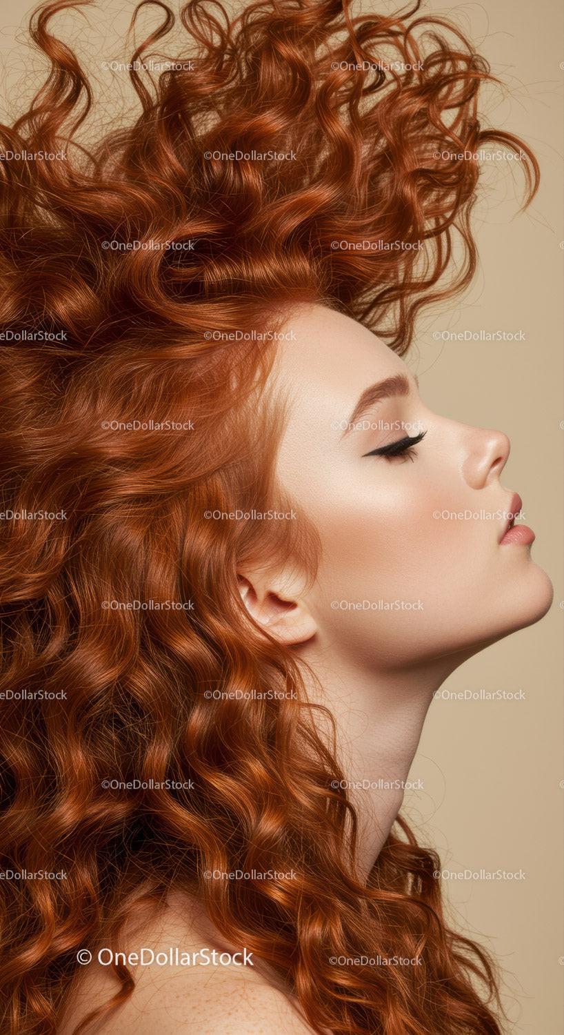 Profile of serene woman with vibrant curly red hair