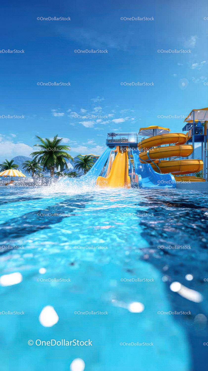 Colorful Water Slides at Tropical Outdoor Water Park