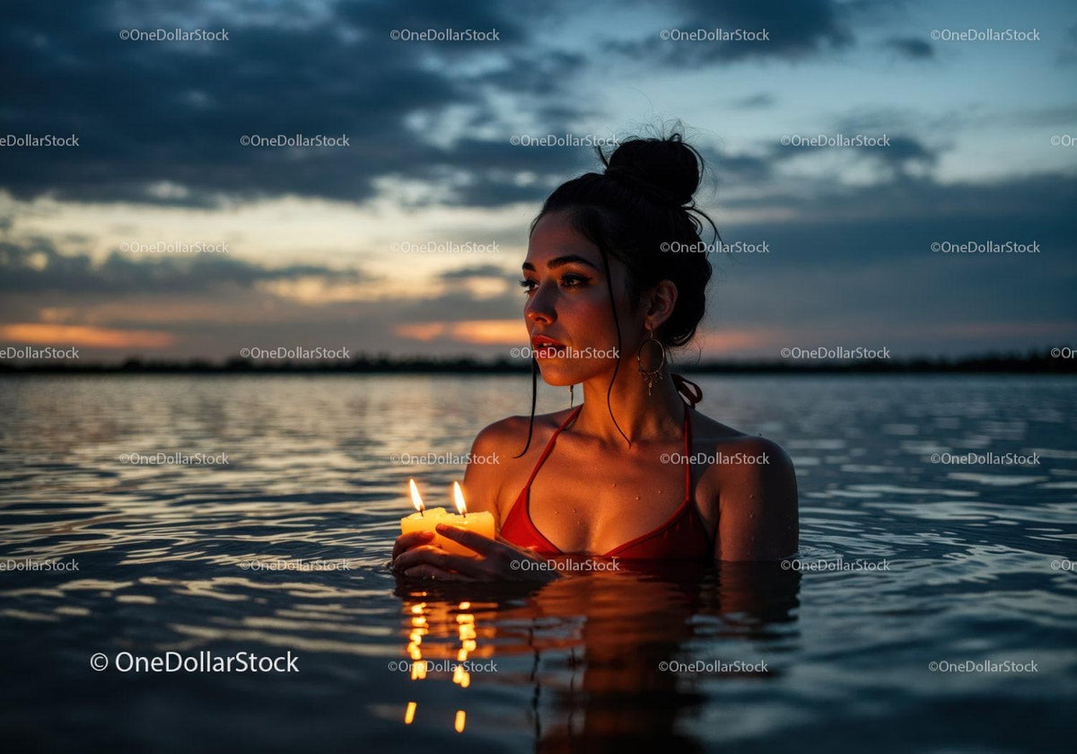 Woman in Black Bikini with Candles Floating in Lake at Sunset Stock Photo Bundle preview 14
