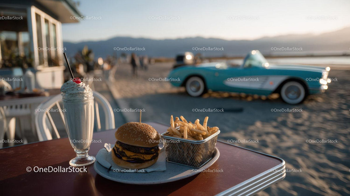 stock photo bundle made with Beachside Cheeseburger French Fries and Milkshake with Classic Car Stock Photo Bundle