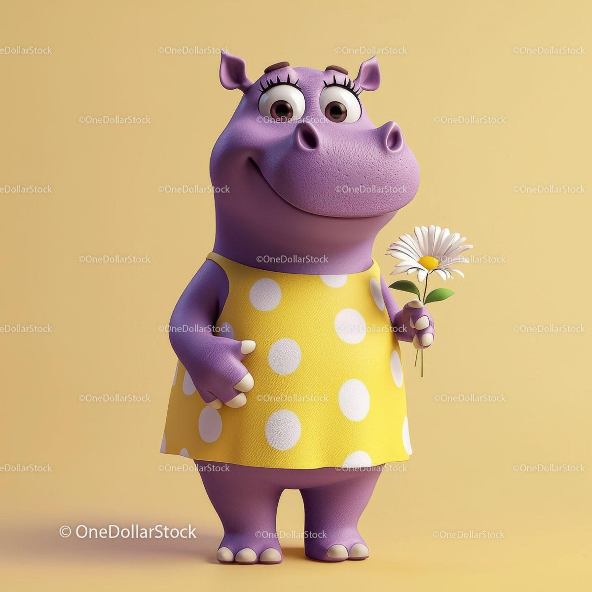 Purple cartoon hippo wearing yellow polka dot dress holding white daisy