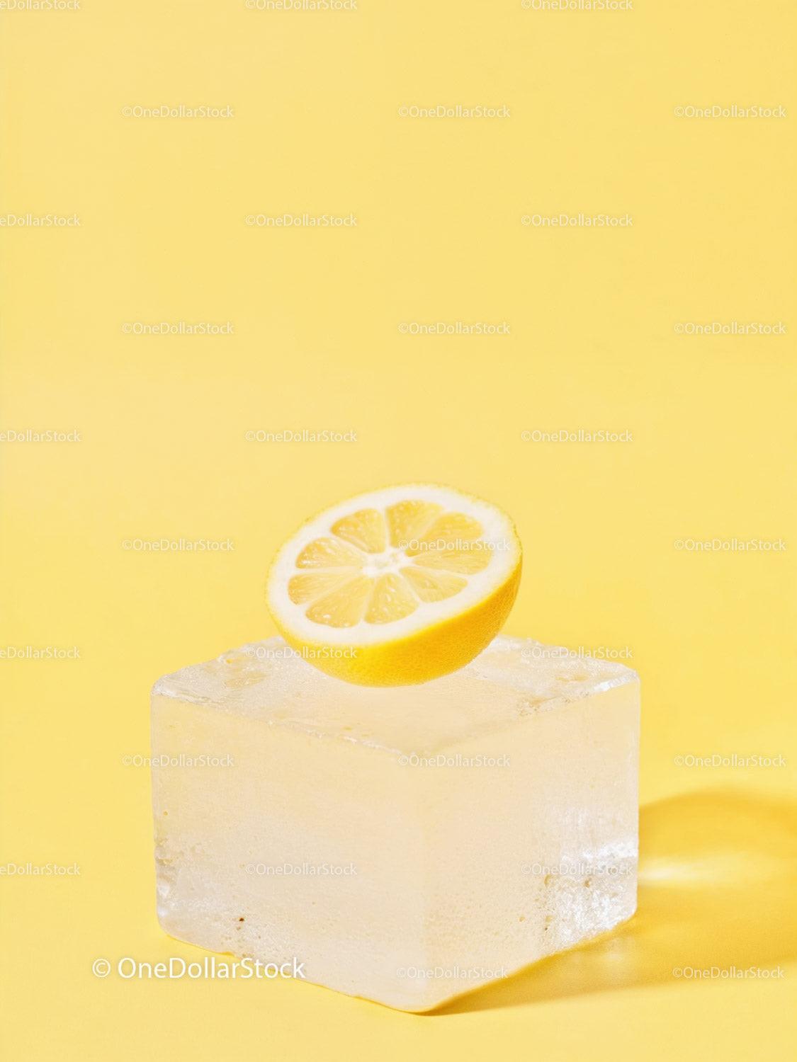 Fresh lemon half resting on clear ice cube