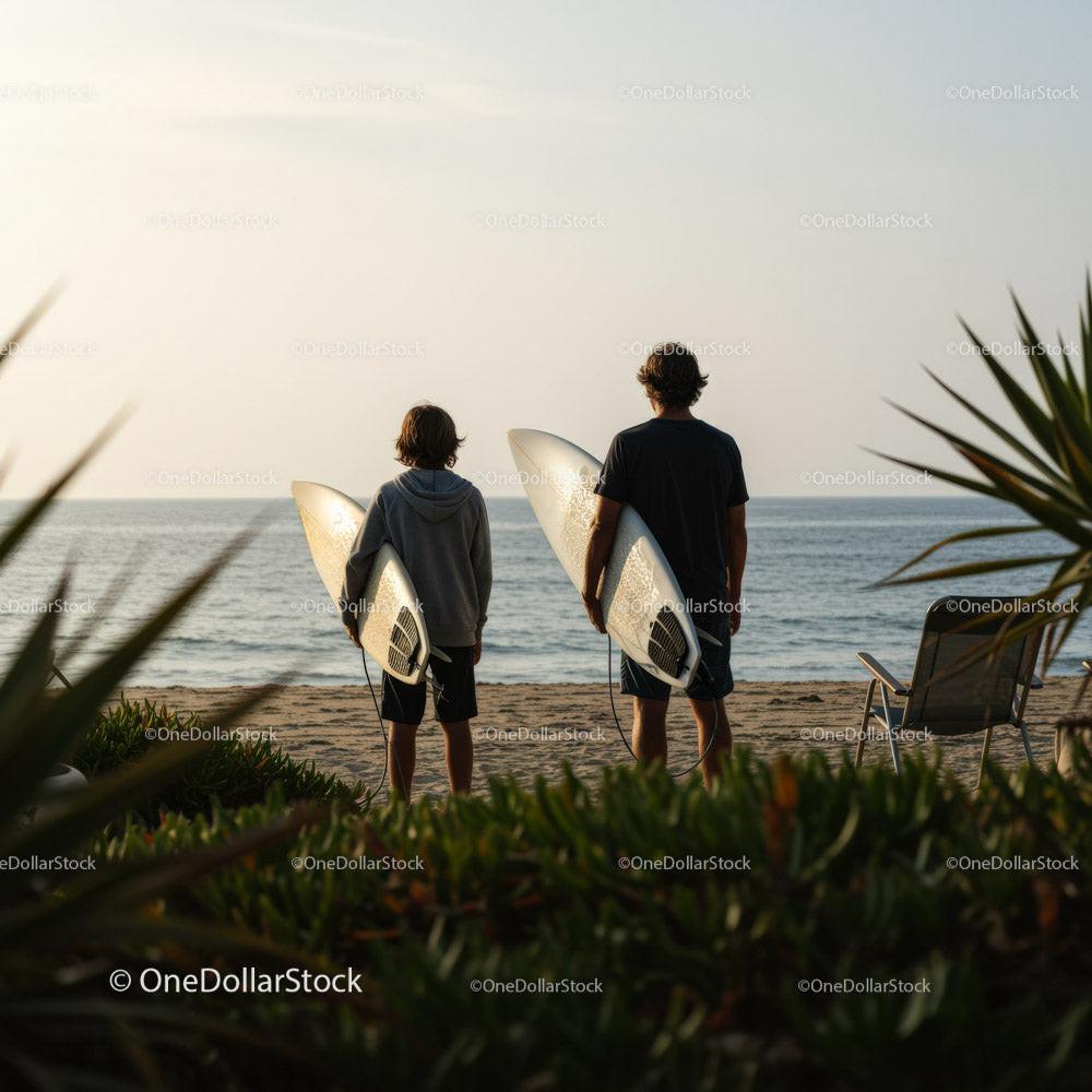 Two Surfers with Surfboards at Beach Ready for Waves Stock Photo Bundle preview 13
