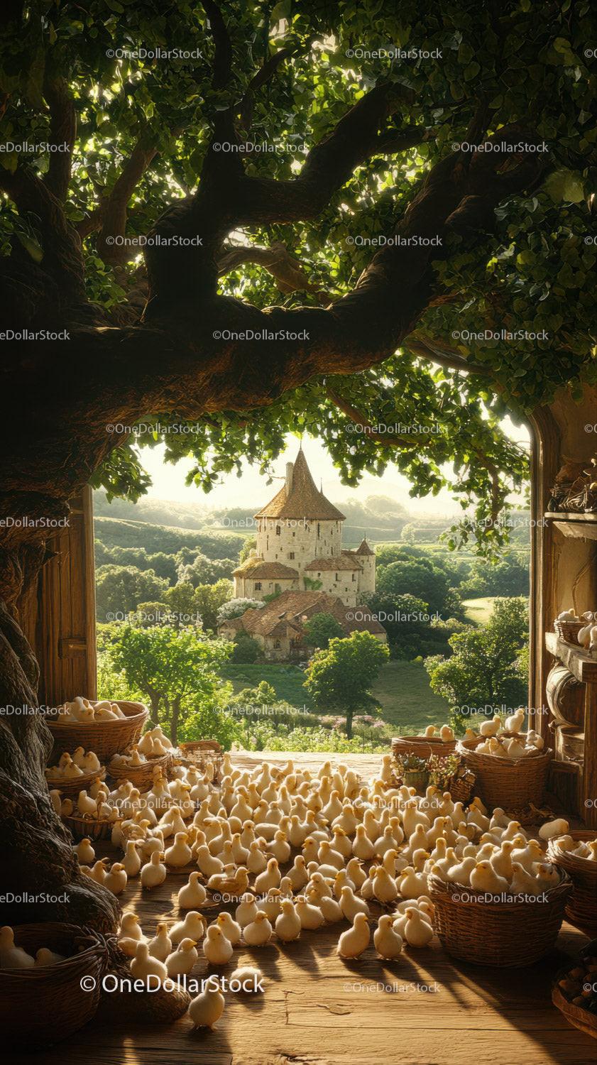 Yellow ducklings filling wooden room with view of distant stone castle and green trees