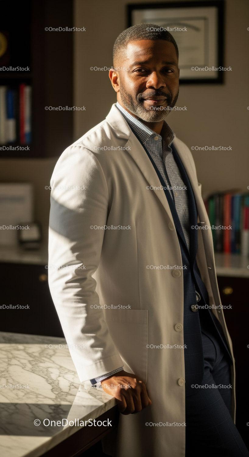 Confident Male Doctor in White Coat Standing in Modern Clinic