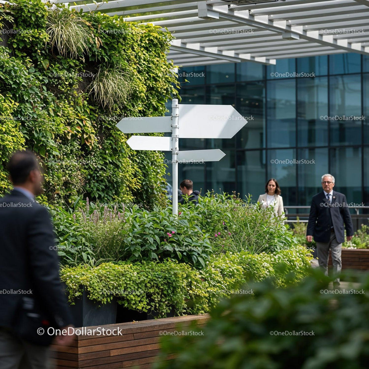 Outdoor urban garden with blank directional sign and people JPG Mockup Image preview