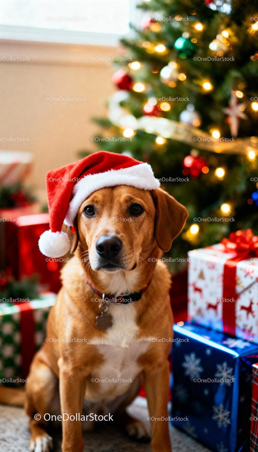 Brown dog wearing Santa hat near Christmas tree and gifts