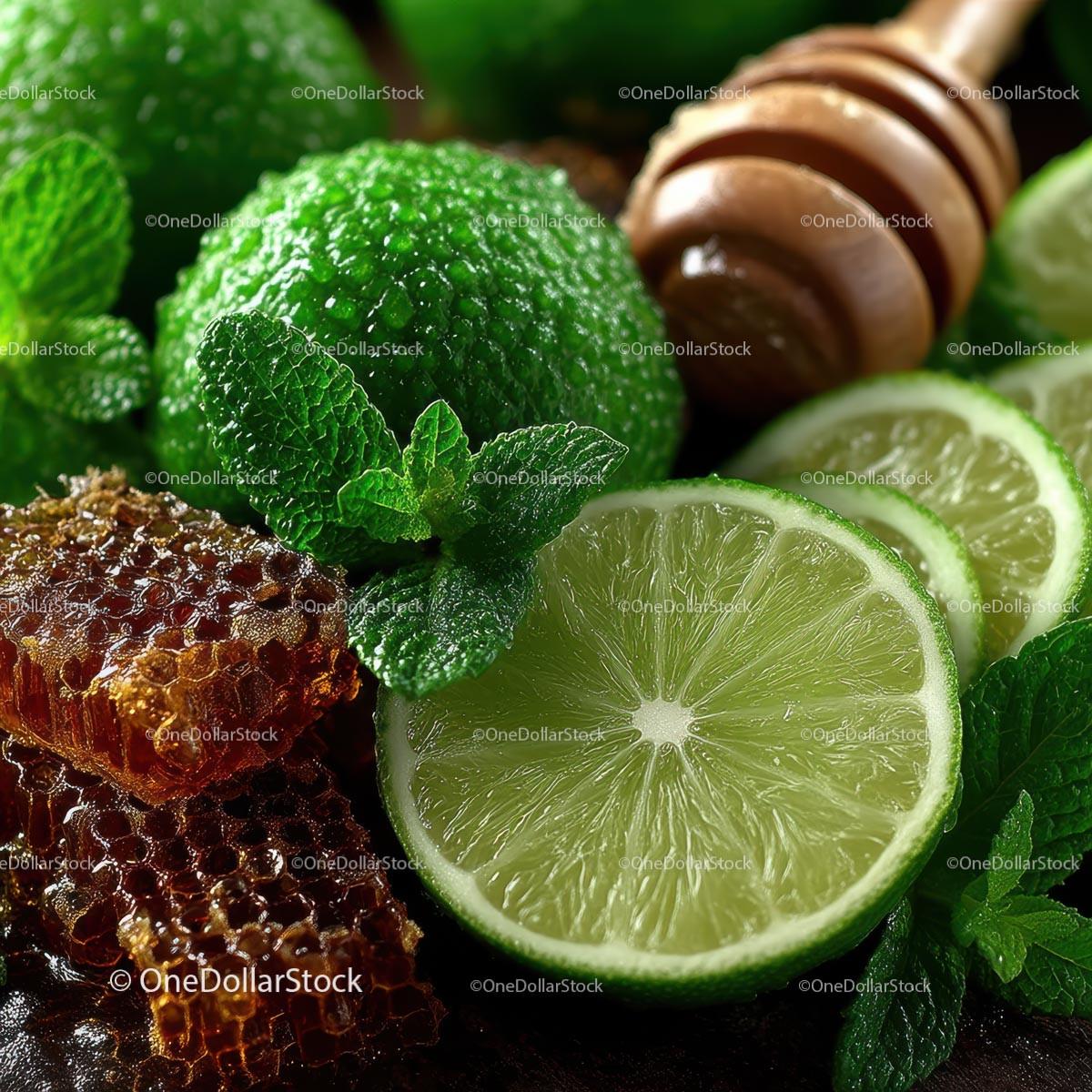 Fresh Limes, Mint Leaves and Honeycomb for Delicious Recipes Stock Photo Bundle preview 31