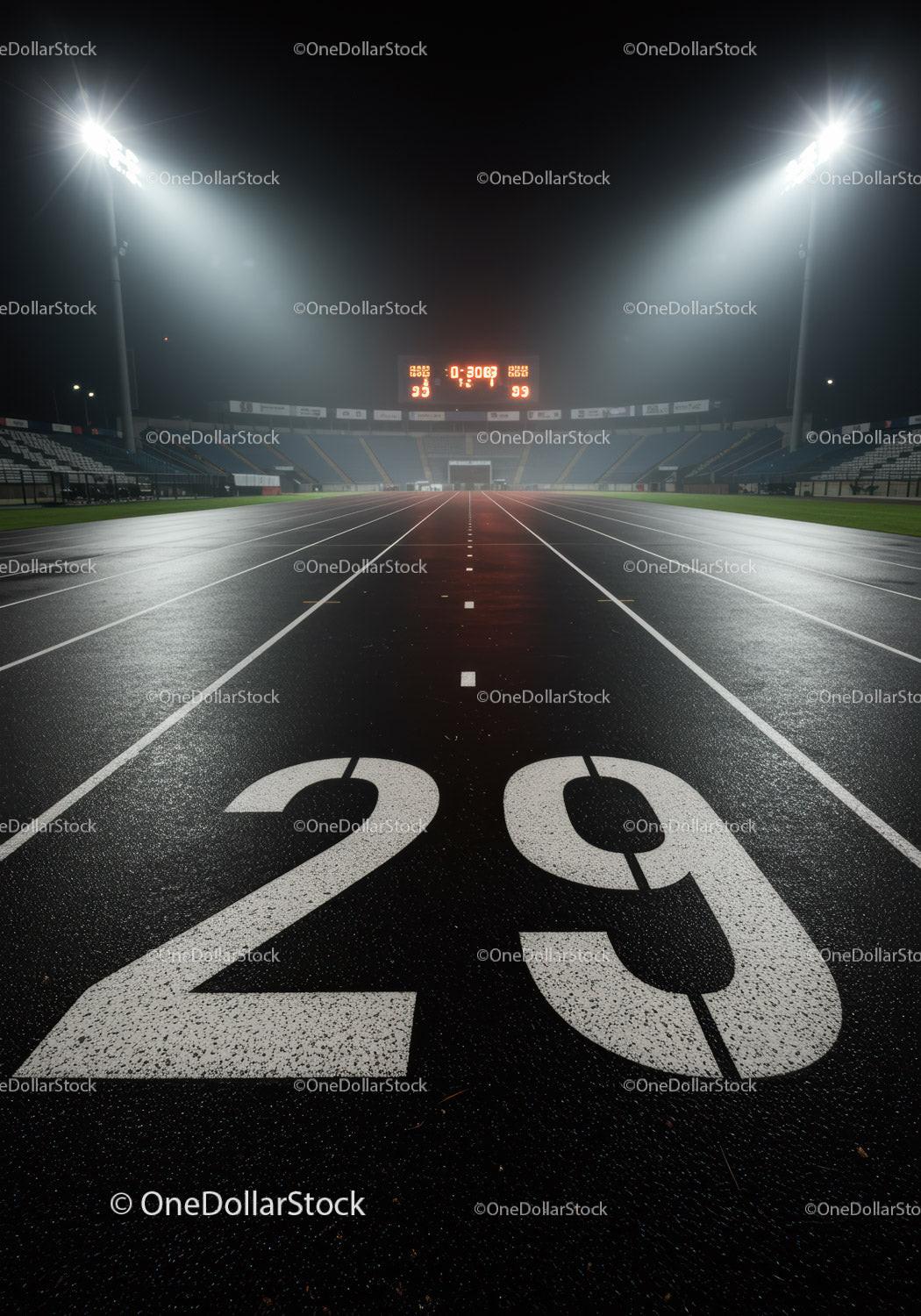 Empty running track lane 29 under stadium lights at night