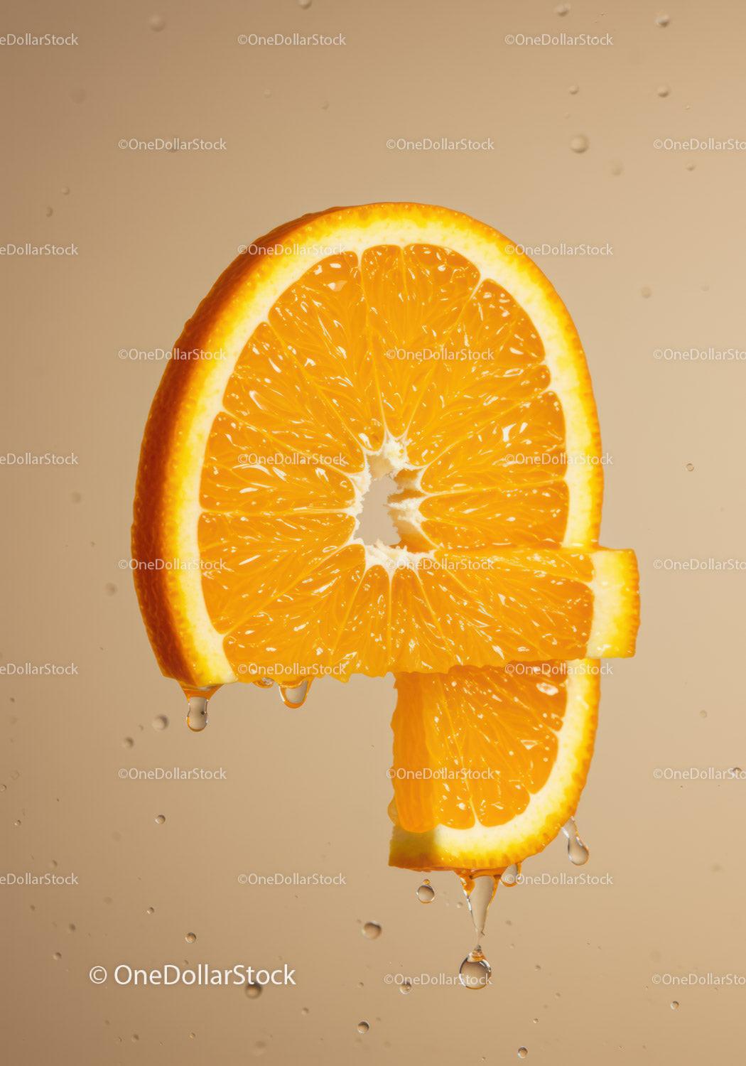 Fresh juicy orange slice dripping with water droplets