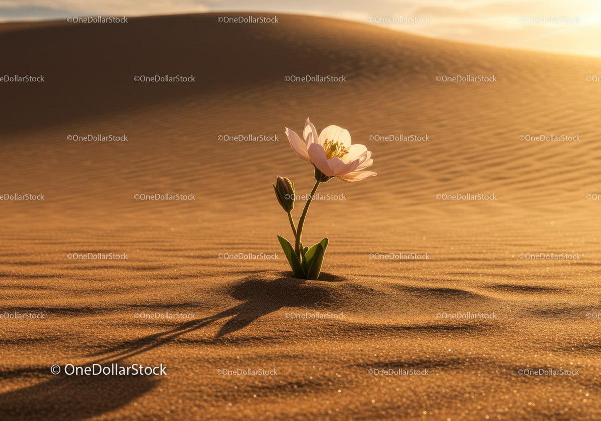 Delicate white flower thriving alone in warm desert sand