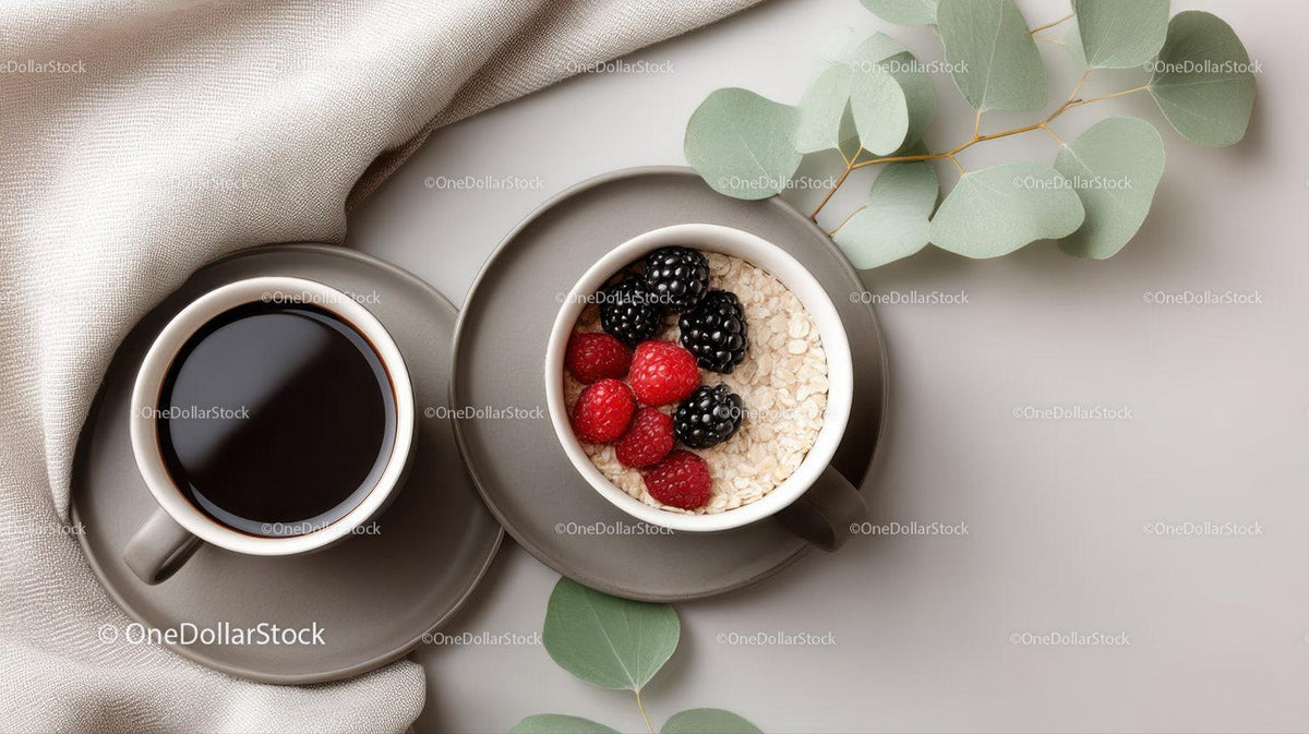 Coffee and Berry Breakfast with Oats in Modern Ceramic Mug