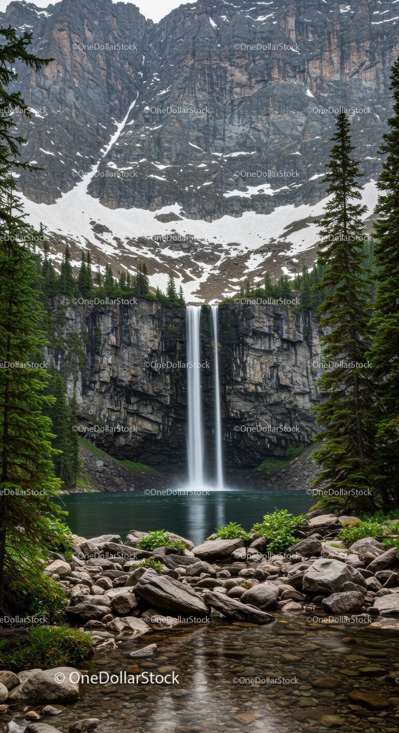 Majestic Mountain Waterfall in a Lush Forest Setting