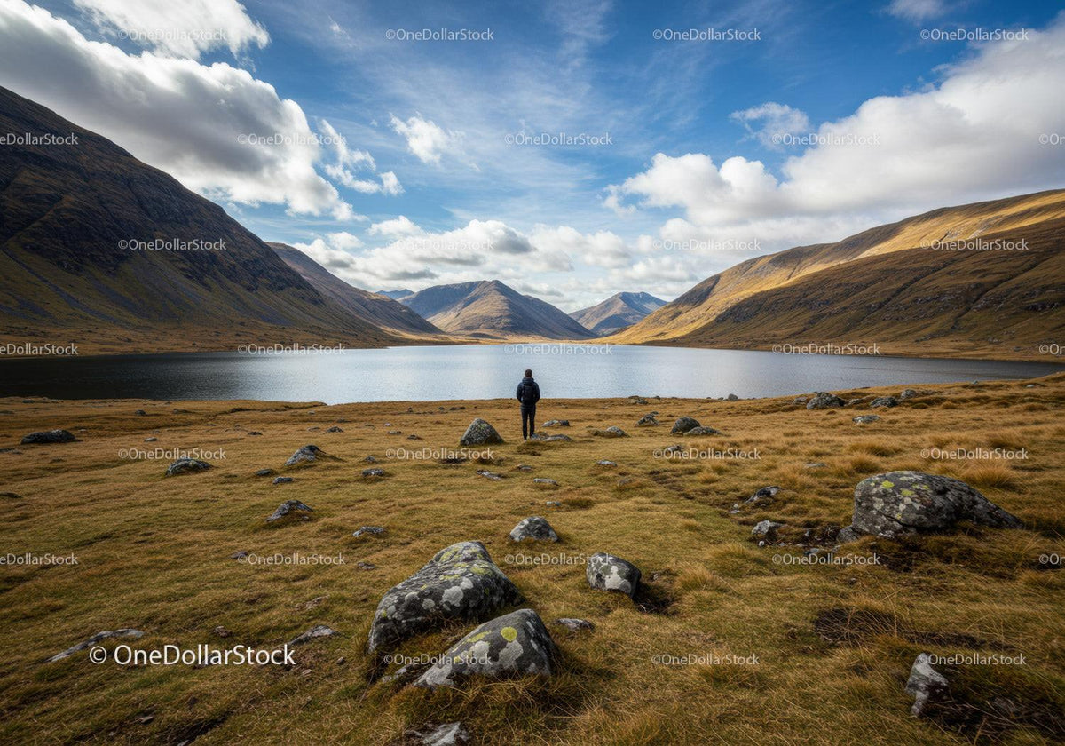 Scenic Mountain Lake Landscape with Hiker and Rolling Hills