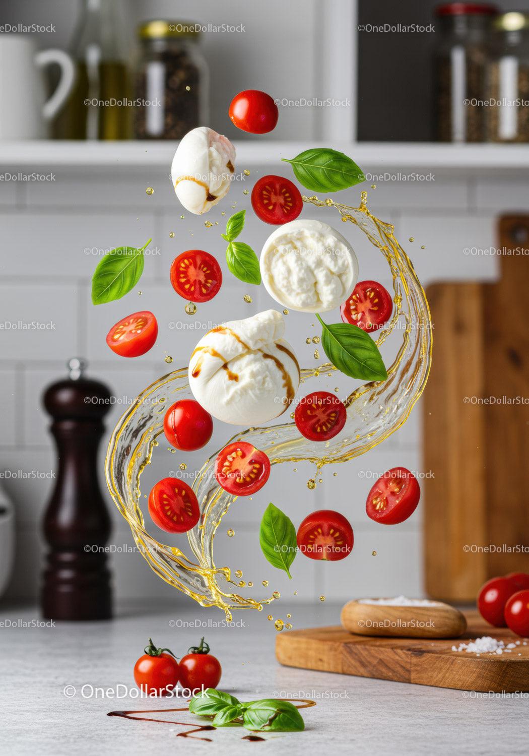 Fresh mozzarella, cherry tomatoes and basil with olive oil splash