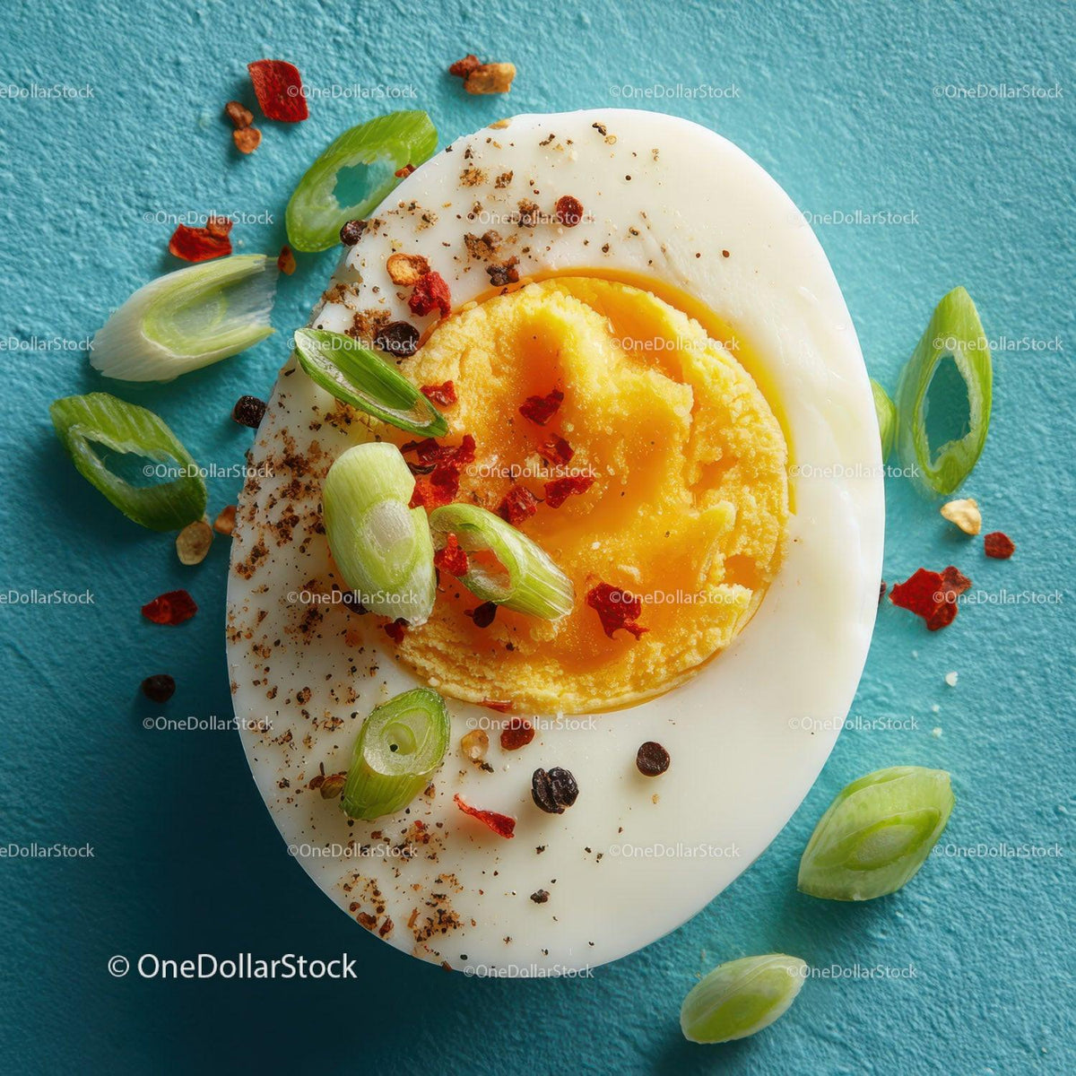 Close-up of Half Boiled Egg with Green Onions and Red Chili Flakes