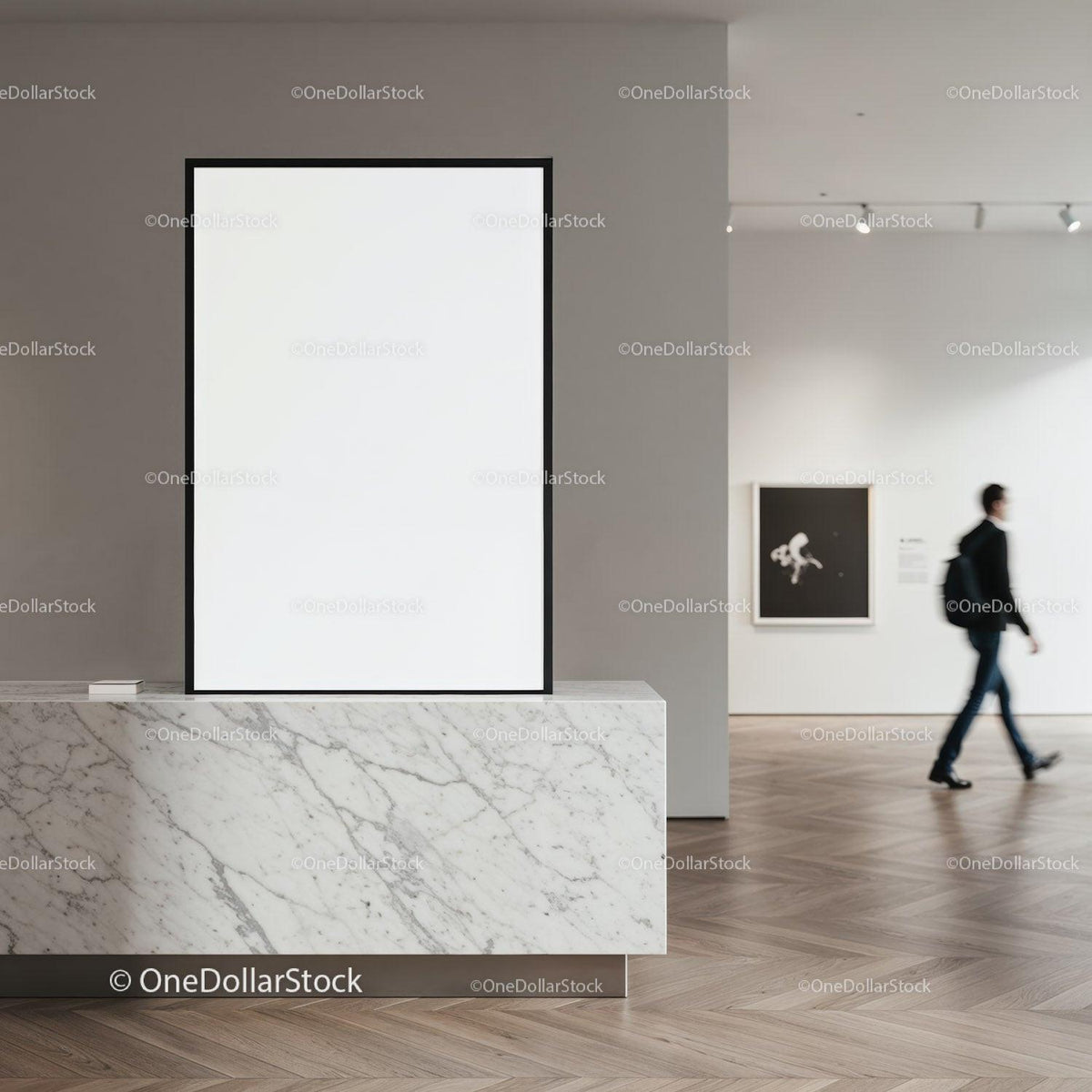 Minimalist blank poster on marble pedestal in art gallery JPG Mockup Image preview